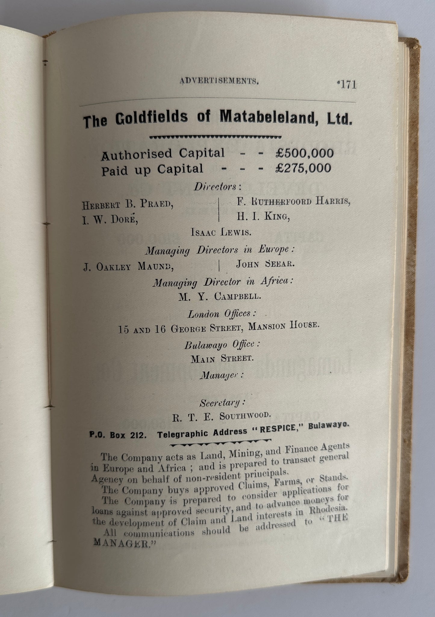 Directory of Bulawayo and Handbook of Matabeleland 1895 - 1896