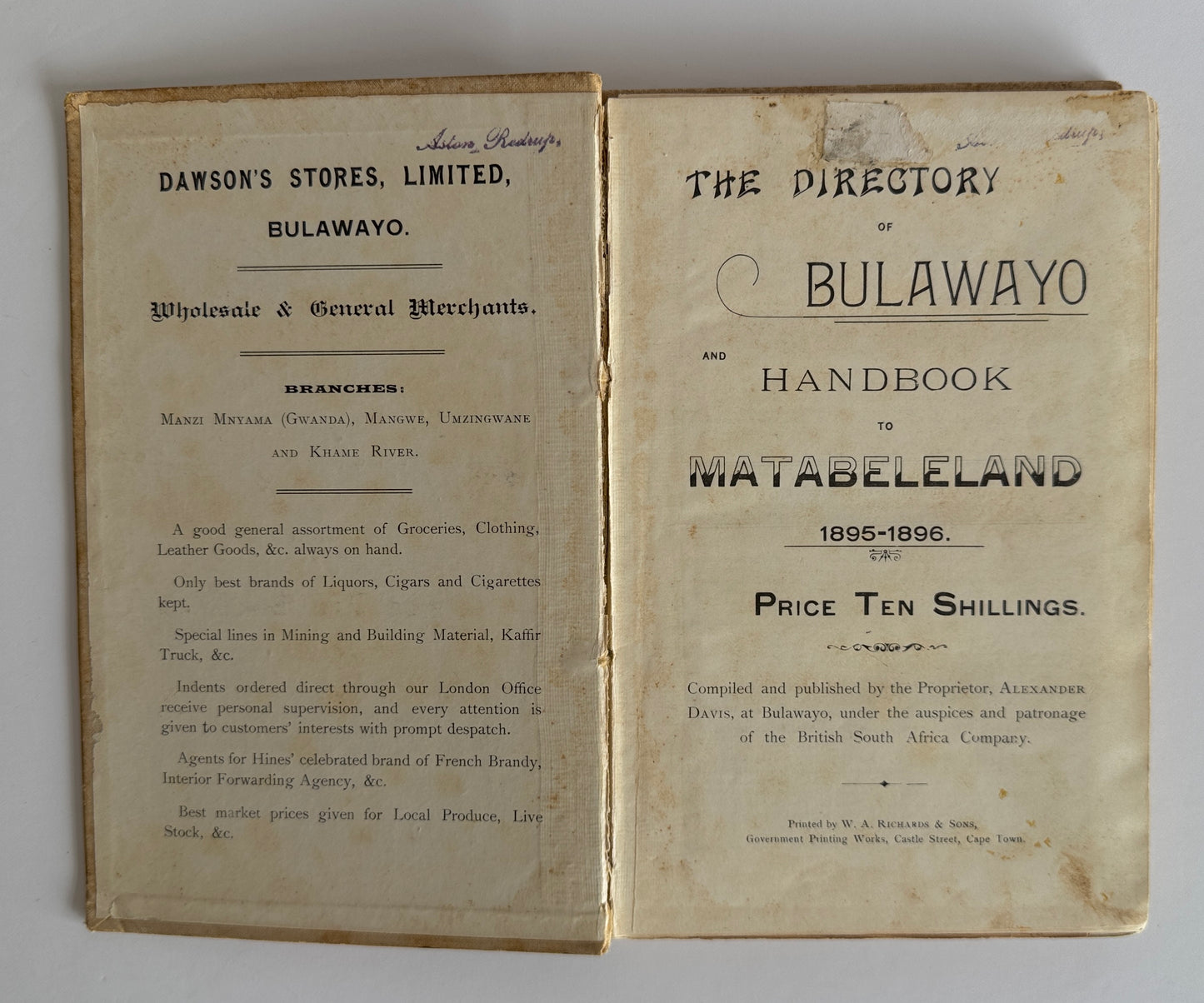 Directory of Bulawayo and Handbook of Matabeleland 1895 - 1896