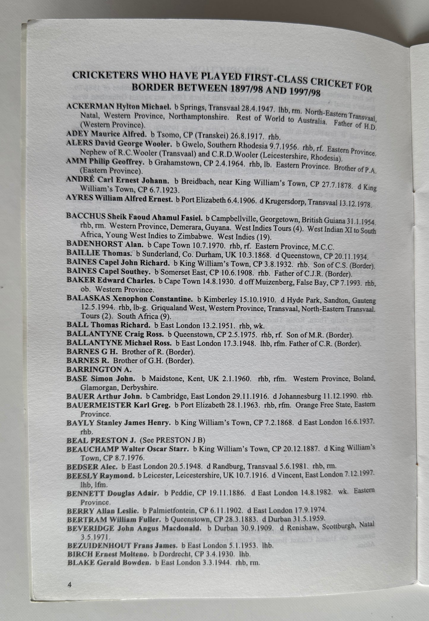 Border Cricketers 1897/98 - 1997/98