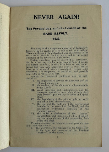 Never Again! The Psychology and the Lesson of the RAND REVOLT, 1922.